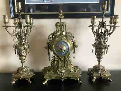 French Mantle Clock with Candelabras - brass, 24 inches tall 