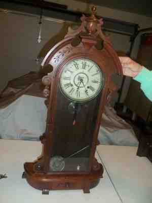 Antique Ornate Waterbury Large Shelf Mantel Clock 1872 walnut 37" X 15" W 4.5" D