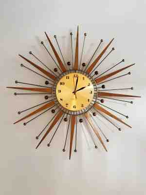 Vintage Mid-Century Modern Sunburst Atomic Wall Clock Westclox Nocord - Battery