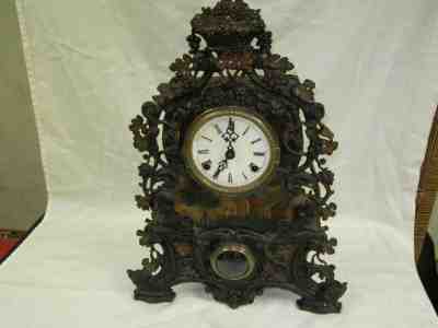  RARE ANTIQUE 1851 BRADLEY & HUBBARD CAST IRON HAND PAINTED MANTLE CLOCK RUNS