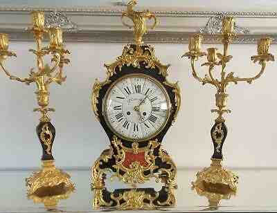 Antique French Ebonised Mantle Clock Rococo Bronze 3 Piece Garniture Set