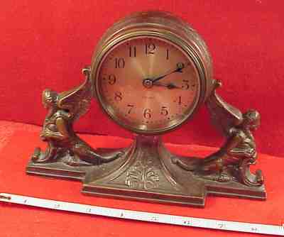 Antique Working  CHELSEA CLOCK CO ANGELS Art Deco 6 inch Bronze Clock MAINSPRING