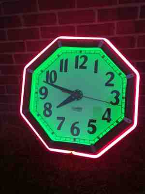 Electric neon clock vintage Cleveland 8 sided oriignal face sign updated runs 