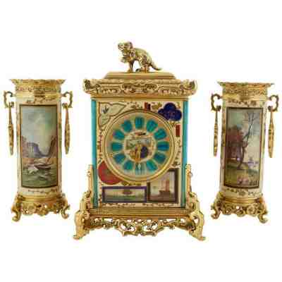 French "Japonisme" Aesthetic Movement Bronze and Porcelain Clock Garniture