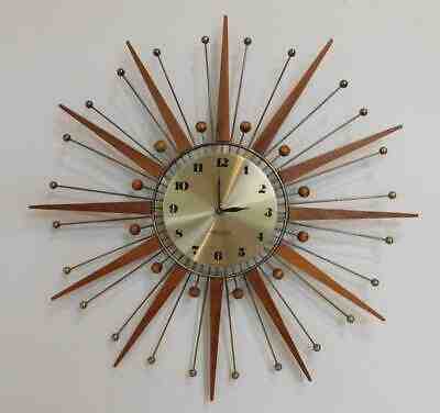 Superb Westclox Mid Century Teak & Brass Ball Starburst Wall Clock c1960s