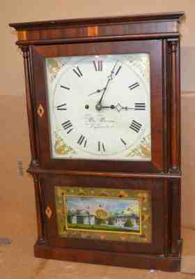 Circa 1825 Miles Morse Four Column 8 Day Time Bell Strike Clock w/ Seconds Dial 