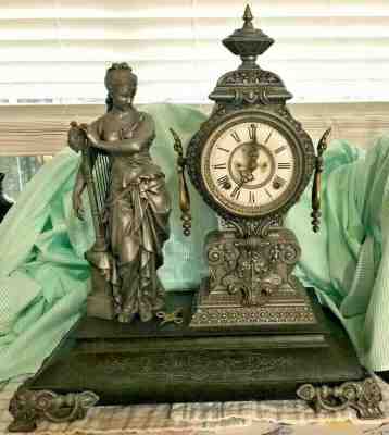 Rare Antique Ansonia mantel clock 1881 Harp and Figure 14 inches tall make offer