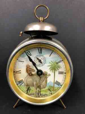 RARE 1890's "MONKEY RIDING THE CAMEL" ANIMATION WIND UP TIN CAN ALARM CLOCK