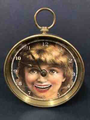 RARE ORIGINAL 1881-'86 LAUGHING GIRL'S MOUTH ANIMATED TIN CAN WIND UP CLOCK