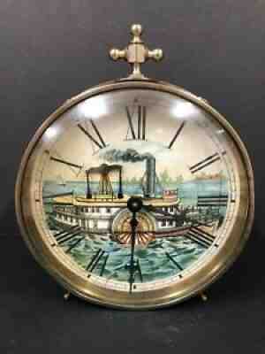 "SUPER RARE" 1877 STEAMBOAT DOUBLE ANIMATION TIN CAN WIND UP CLOCK