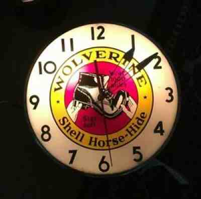 1950 VINTAGE WOLVERINE BOOTS TELECRON ADVERTISING CLOCK LIGHTS AND RUNS