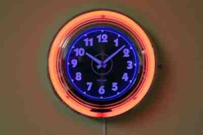 LUMICHRON Classic12" Neon Clock Made in USA. Chrome Deco Ruby Red and Purple