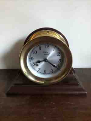 Vintage Chelsea Ship Strike Quartz Brass Mantle Clock w/Mahogany Wood Base