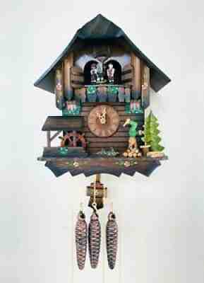 SCHNEIDER CUCKOO CLOCK 1-Day Musical Chalet Woodchopper Waterwheel Dancers VIDEO