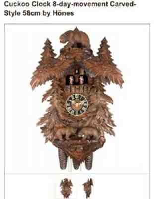 HÃ¶nes carved cuckoo clock with Bears & Pine Trees. 8 day movement. Style 58cm
