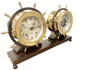 Chelsea Ship's Bell Strike Bronze Ship Wheel Clock Barometer Set 1958
