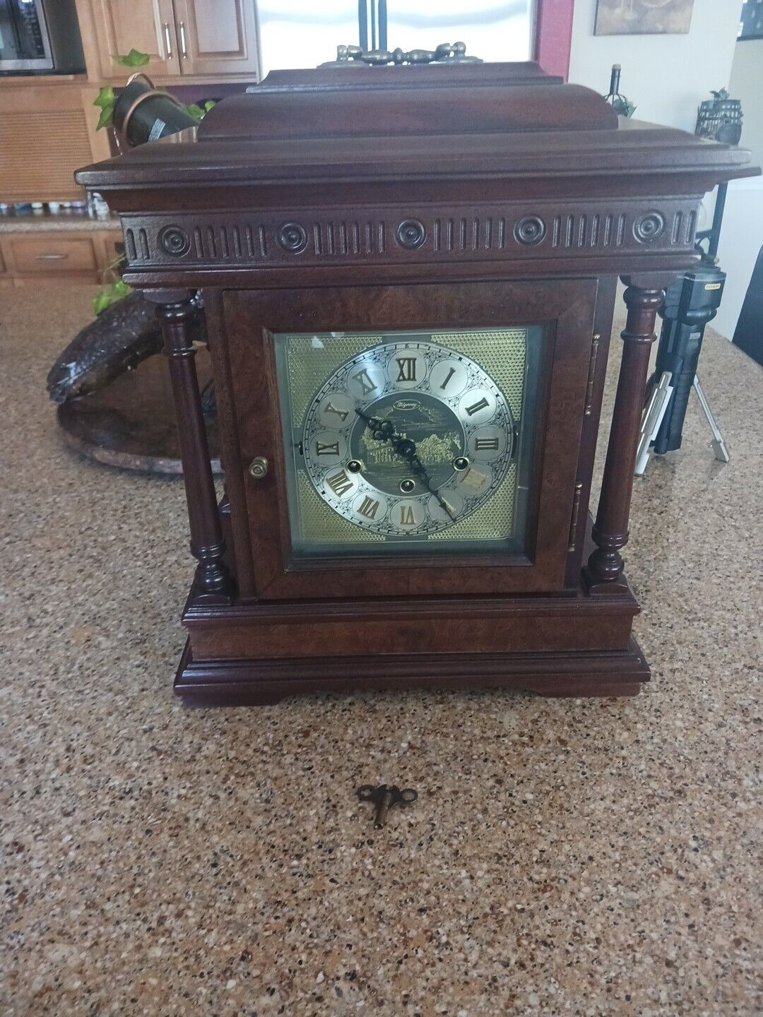 Vintage Ridgeway  Wood Mantle Chime Clock w/ Key Western Germany Works!!