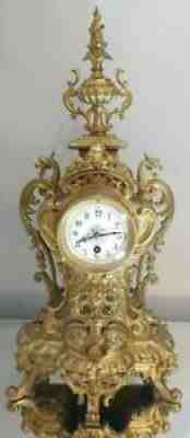 Antique Mantle Clock French Lovely 1880s Embossed Rococo Bronze Single Train