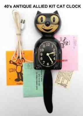 ANTIQUE 40s BLACK ALLIED ELECTRIC ORIGINAL KIT CAT KLOCK-KAT CLOCK VINTAGE WORKS