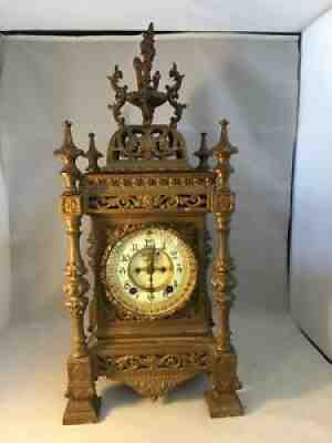 HEAVY EARLY 20th CE ANTIQUE ORNATE METAL PORCELAIN FACE ANSONIA MANTLE CLOCK