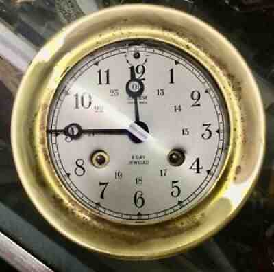 Vintage Brass SALEM SHIPS BELL Manual Wind 8 Day Clock 7 Jewels Works