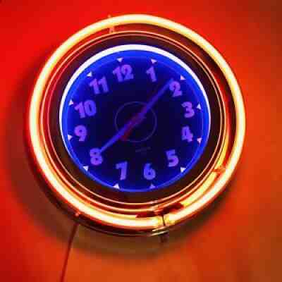 LUMICHRON 1993 Classic 12â? Neon Clock Made in USA Chrome Deco Red and Purple EUC