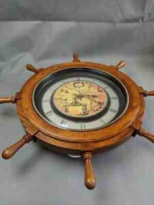 Rhythm Small World Voyager Classic Nautical Ship Wheel Musical Motion Clock 25"