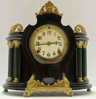 Antique Working 1901 ANSONIA "QUIRINAL" Victorian Black Iron Mantel Shelf Clock