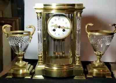 Supurb Baccarat Style Cut Glass 3 Piece Crystal Regulator French Clock Garniture