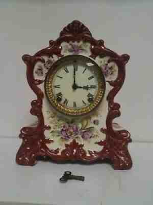 1892 Floral Ansonia Wyoming Porcelain 12" Mantel Clock
