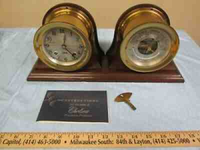 Vtg 1964 Chelsea Ship's Bell Clock & Barometer Desk Set w/Key & Wood Mantle Base