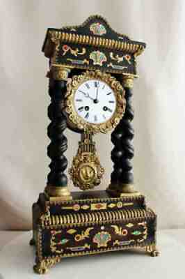 ANTIQUE FRENCH EMPIRE COLUMN CLOCK PORTICO MARQUETRY GILT HUGHE DECORATED