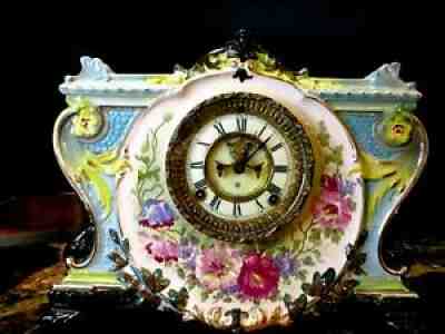 ANTIQUE ANSONIA "LA VINDA" ROYAL BONN GERMANY PORCELAIN CLOCK 8-DAY, TIME/STRIKE