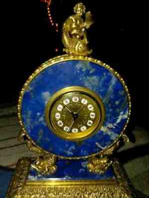 Looping Antimagnetic 8 Day Alarm Desk Clock In Gold And Blue Lapis. From Paris