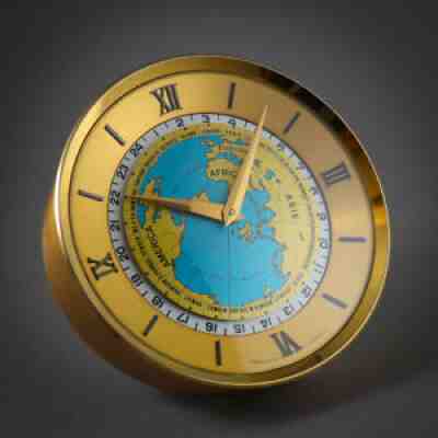 ð ¨ð ­1962 IMHOF Swiss 15 Jewels 8 Day Desk Top World Time Globe Vintage Clockð ¨ð ­
