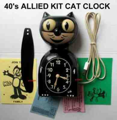 ANTIQUE 40s BLACK ALLIED ELECTRIC ORIGINAL KIT CAT KLOCK-KAT CLOCK VINTAGE WORKS