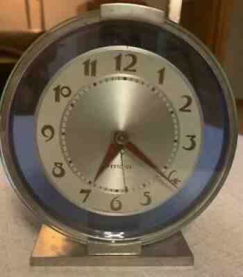Vintage Westclox Andover S2-L Art Deco Chrome with Blue Glass Shelf Alarm Clock