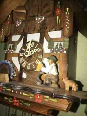 GERMAN ANIMATED BEER DRINKER MUSICAL CUCKOO CLOCK WATERWHEEL / CHIMNEY SWEEP