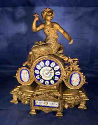 ANTIQUE FRECH JAPY FRERES GILT MENTAL CLOCK w/ LADY FIGURINE & PAINTED PORCELAIN