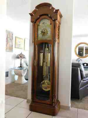 1987 OAK RIDGEWAY GRANDFATHER CLOCK w/ MOON DIAL, 3 CHIME MELODIES, BEVEL GLASS