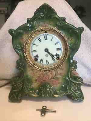 (NICE) 1892 Green Floral Ansonia Wyoming Porcelain 12â? Mantel Clock- Works Great
