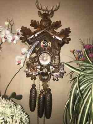 NICE GERMAN BLACK FOREST CARVED 8 DAY MUSICAL CUCKOO CLOCK WITH DANCERS - VIDEO