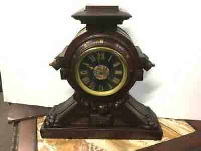 RARE CARVED WALNUT INLAID MANTEL CLOCK, SIGNED HERTER