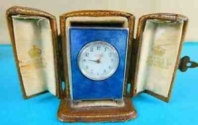 Superb Sterling Silver Blue Guilloche Enamel Clock Fitted Box Asprey London 1913