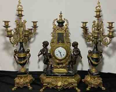 VTG IMPERIAL Franz Hermle Brevettato Brass Marble Mantle Clock & Candelabra Set