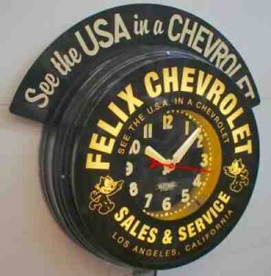 Felix Chevrolet, 22" Neon Dealership Clock. W/Marquee, By Curtis. Glo-Dial