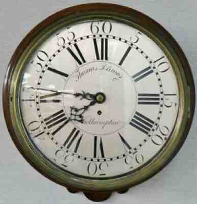 Antique English Fusee Verge Escapement Striking 15" Mahogany Dial Wall Clock