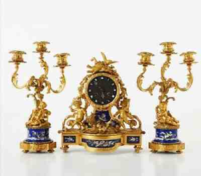 Exquisite 19C Russian Gilt Bronze and Blue Porcelain Three - Piece Clock Set