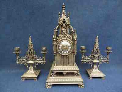 Neo Gothic Silvered bronze threepiece clock set French Napoleon III chimney pc.