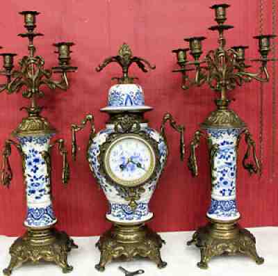 Antique Mantel Clock 19th French Porcelain garniture* DELFT BLUE * JAPY FRÃ?RES *